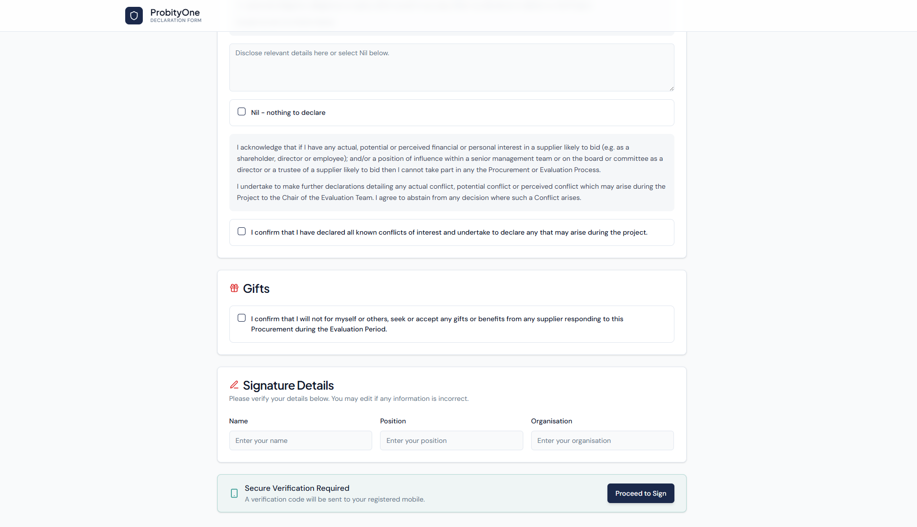 Probity One — Secure CoI Declarations for Government